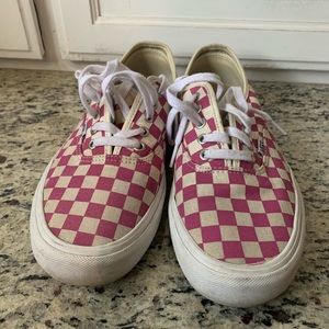 Vans checkered print. Colors are like a raspberry sherbet color w/cream checkers